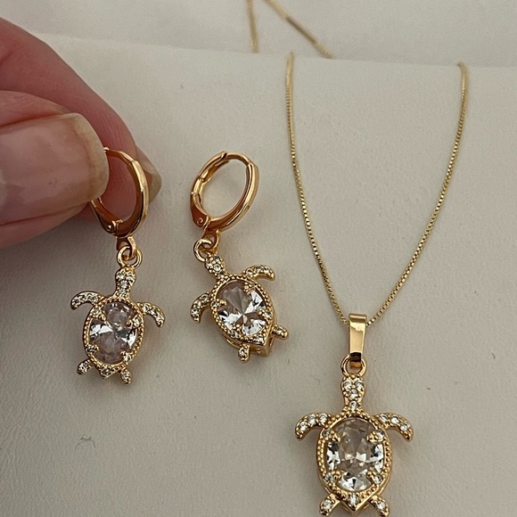 18k Gold Filled CZ Turtle Huggie Earrings & Neckla - Picture 4 of 9